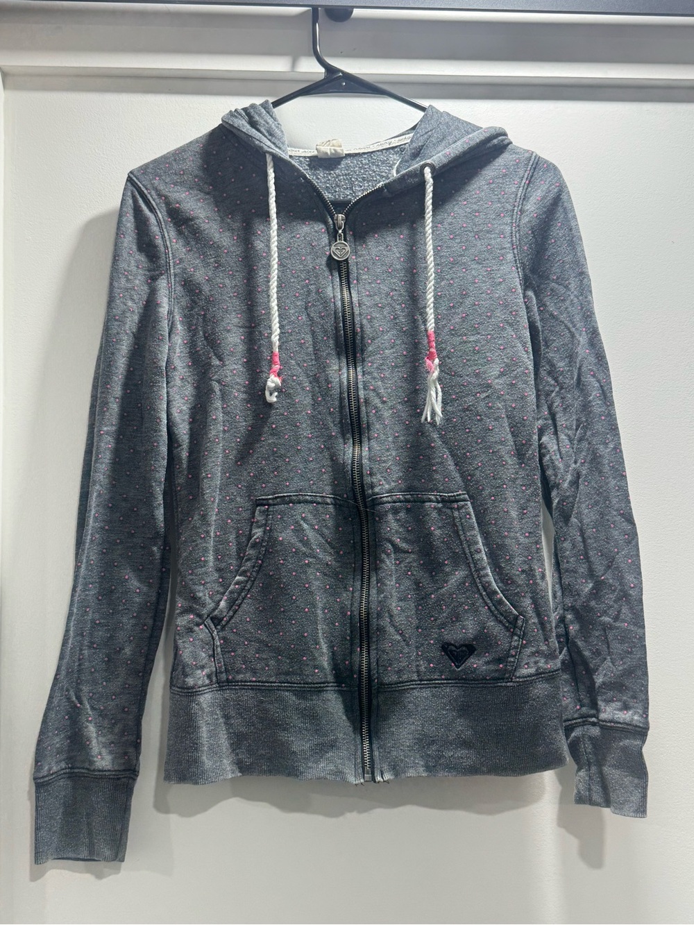 Roxy Gray Zip Hoodie with Pink Polka Dots